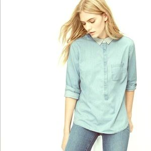 Loft Softened Chambray Knit Collar Top S